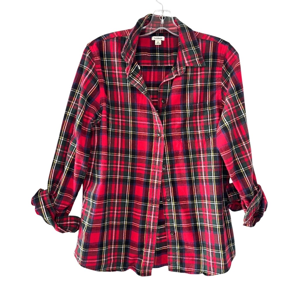 L.L.Bean Flannel Shirt Women M Red Plaid Excellent Cotton Button Down 273137